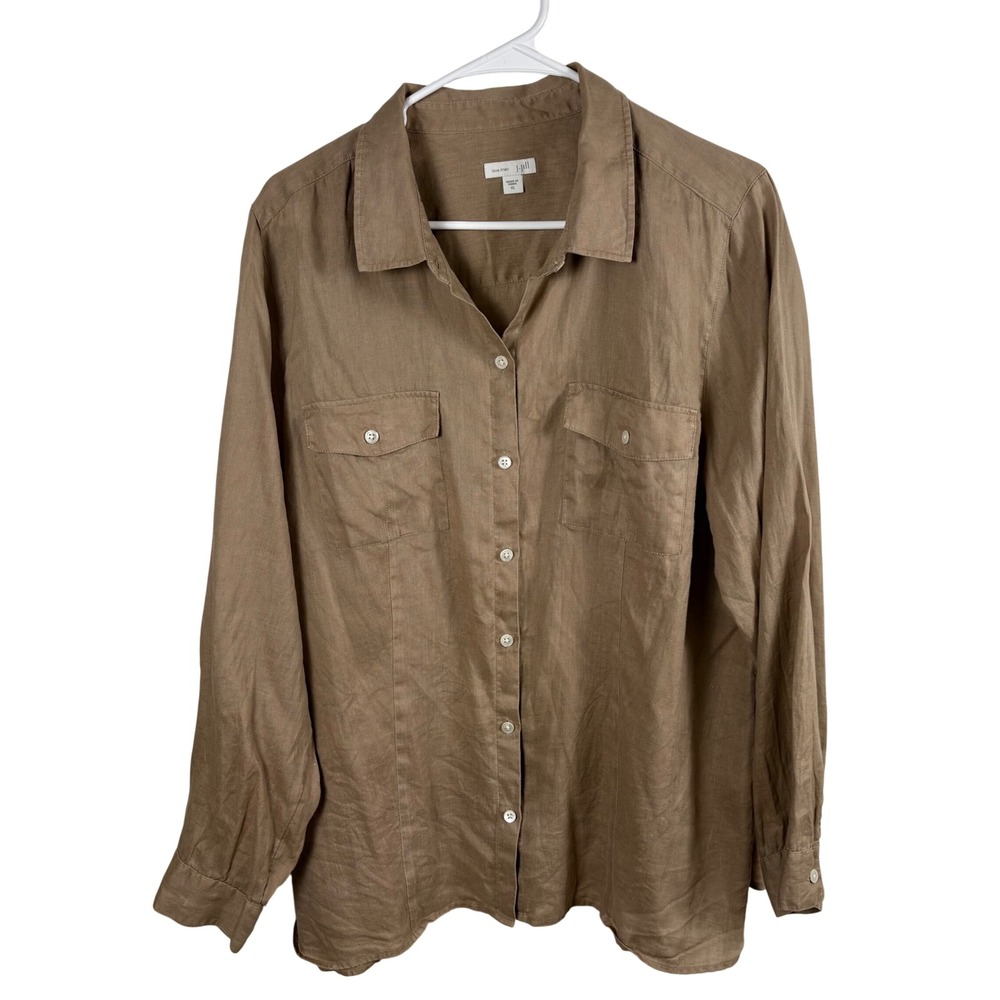 J. Jill Button Up Linen Shirt Womens XL Brown Long Sleeve Utility Coastal Earthy